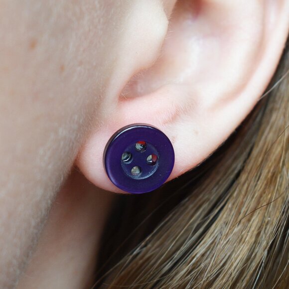 Little Shiny Purple Button Stud Earrings - Picture 4 of 5